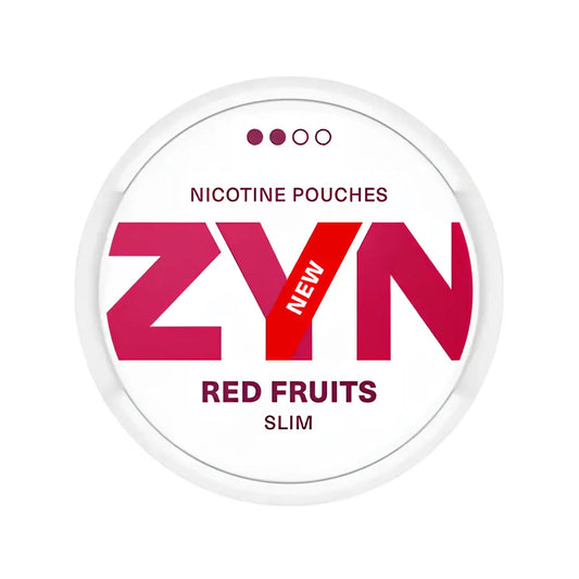 Zyn Red Fruits Slim nicotine pouch container with red fruit flavor, featuring sleek white packaging and branding.