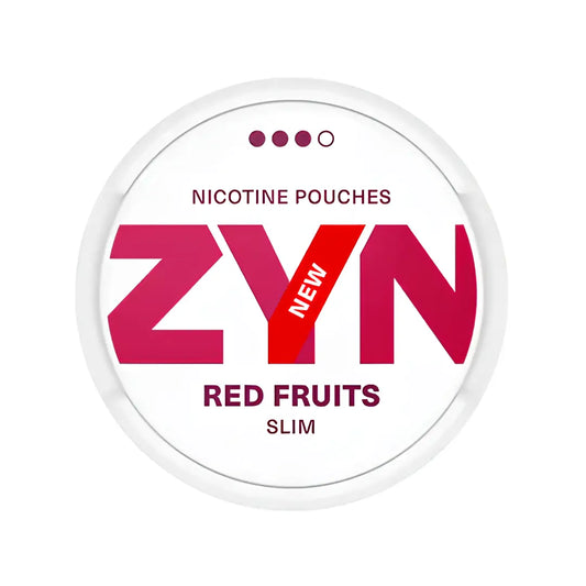 Zyn Red Fruits Slim Strong nicotine pouch container with red fruit flavor, designed for discreet use and fresh taste.