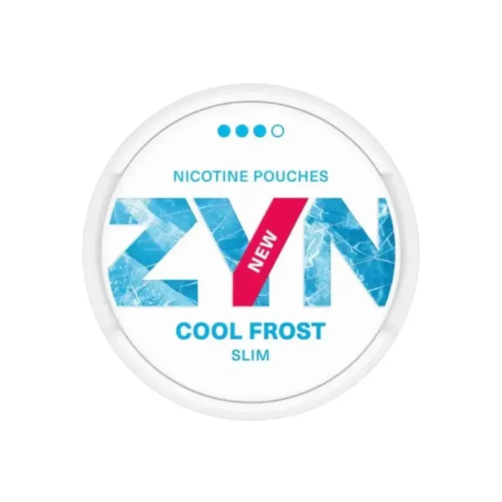 Zyn Slim Cool Frost 3 nicotine pouch in white with peppered mint flavor, shown in a sleek pouch on a white background.