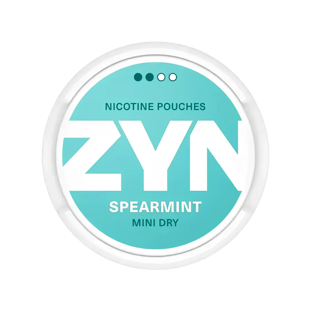 Zyn Spearmint Mini Dry 3mg nicotine pouch in a container, featuring fresh spearmint flavor and discreet packaging.