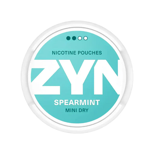 Zyn Spearmint Mini Dry 3mg nicotine pouch in a container, featuring fresh spearmint flavor and discreet packaging.