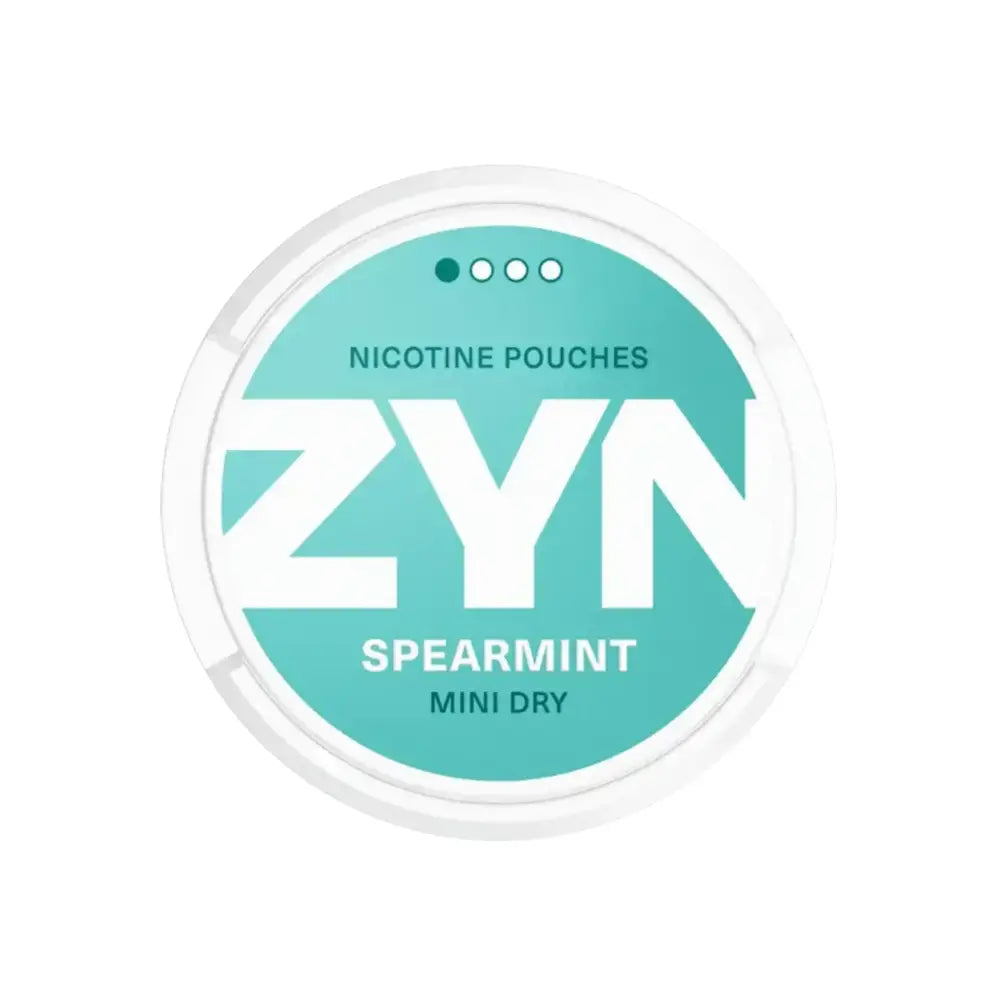 Zyn Spearmint Mini Dry nicotine pouch in white container, showing fresh mint flavor and brand logo on the packaging