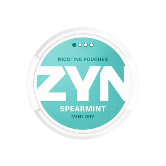 Zyn Spearmint Mini Dry nicotine pouch in white container, showing fresh mint flavor and brand logo on the packaging