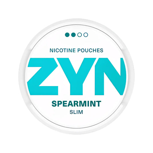 Zyn Spearmint Slim nicotine pouch by Europesnus.com, showing a container of spearmint-flavored slim nicotine pouches.