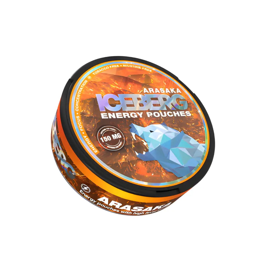 Iceberg Energy Arasaka 150mg koffein pouch from Killa Snus, featuring bright packaging with bold branding and energy-themed design.