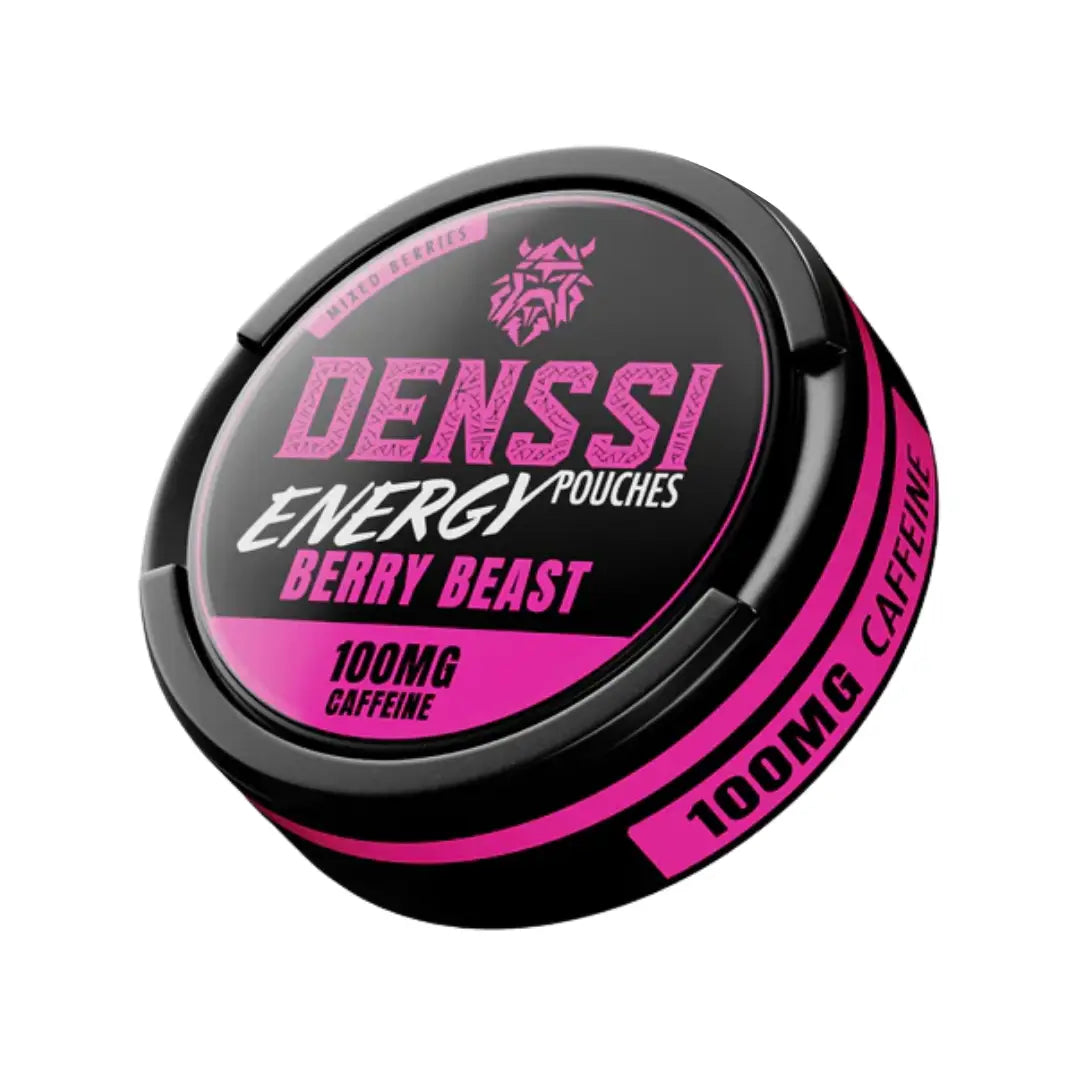Denssi Energy Berry Beast caffeine supplement container with vibrant berry flavor branding and label design.