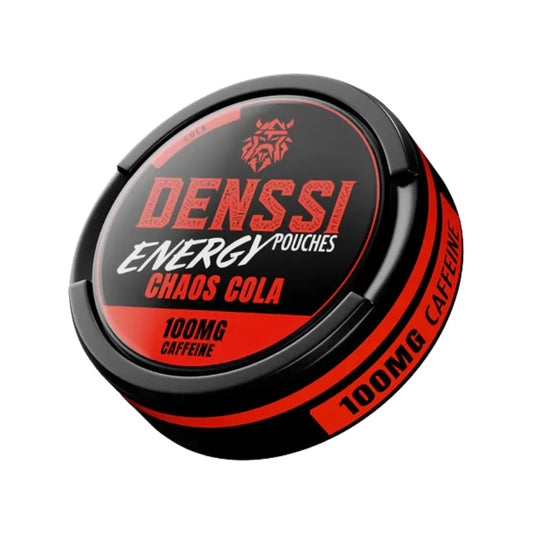 Denssi Energy Chaos Cola caffeine supplement bottle with vibrant label, featuring bold red and black design, on a white background.