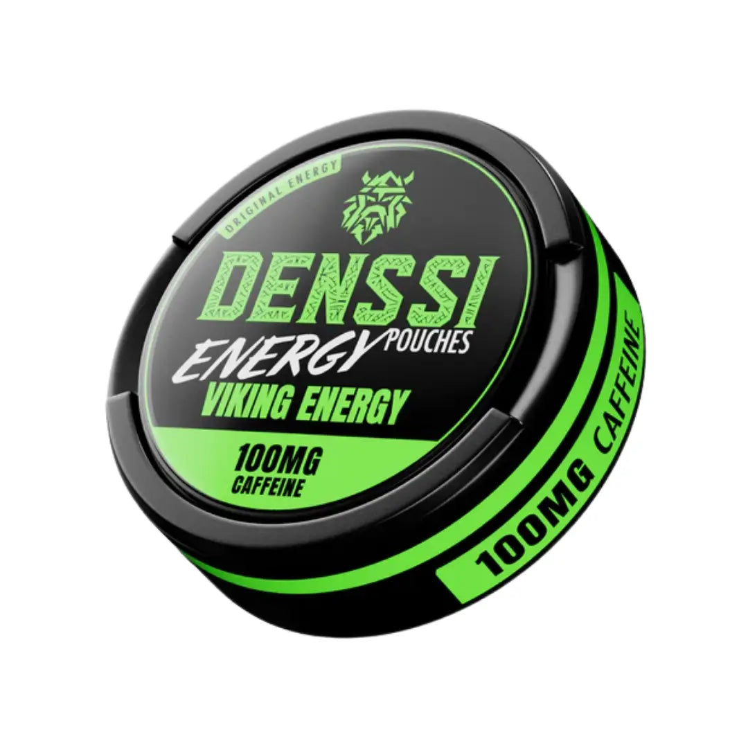 Denssi Energy Viking caffeine supplement packaging with bold logo and vibrant design, designed for energy boost.