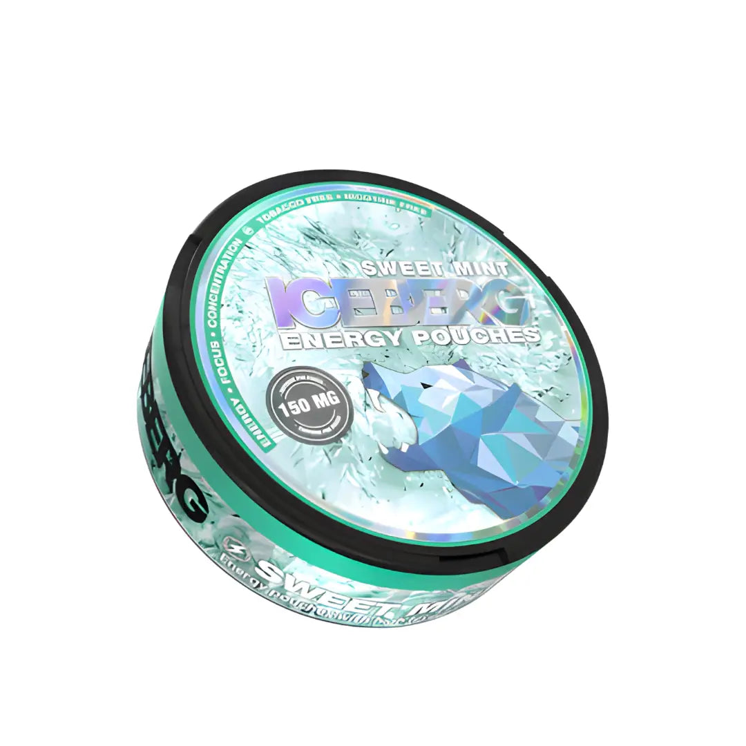 Energy Caffeine Pouches in Sweet Mint flavor with 150 mg caffeine, shown in a sleek, resealable pouch from Europesnus.com