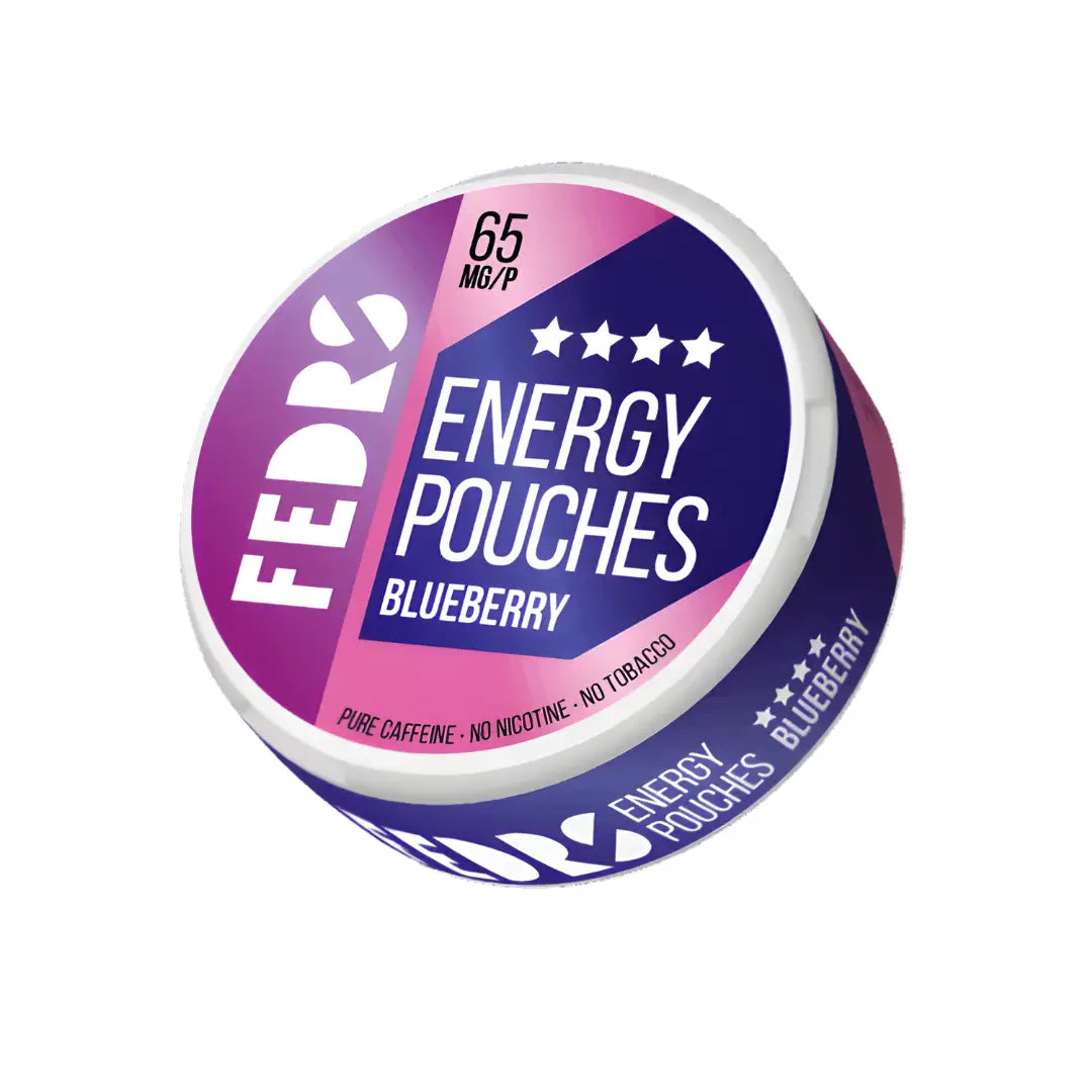 Blueberry Fedrs Energy Pouches with caffeine, a convenient supplement for energy, featuring vibrant blue packaging.