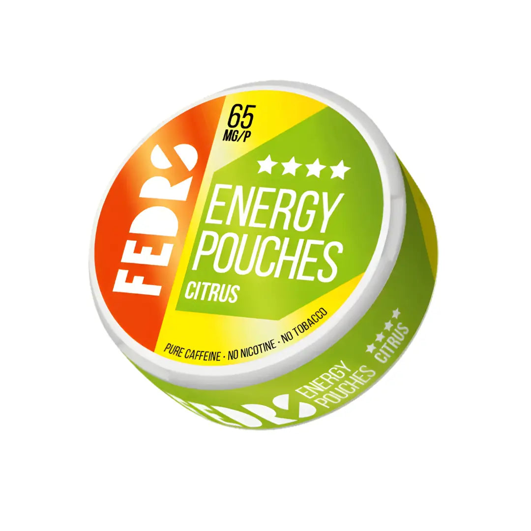 Europesnus.com Fedrs Energy Pouches Citrus with caffeine, featuring bright orange packaging and fresh citrus flavor.