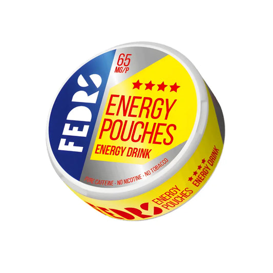Energy pouch with caffeine from Fedrs Energy Drink, featuring vibrant packaging and a sleek design.
