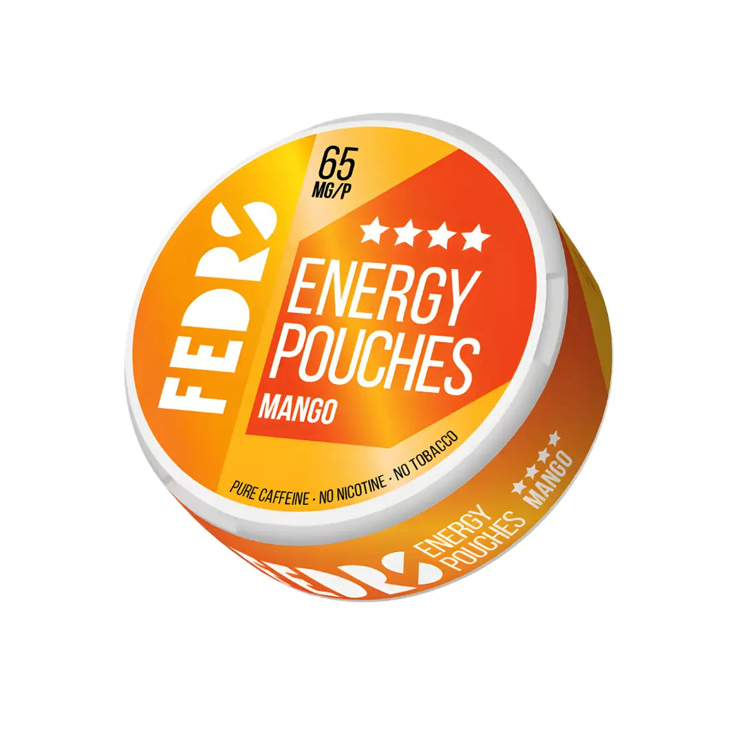 Europesnus.com Fedrs Energy Pouches Mango flavor, caffeine supplement with bright orange mango packaging and pouch design.
