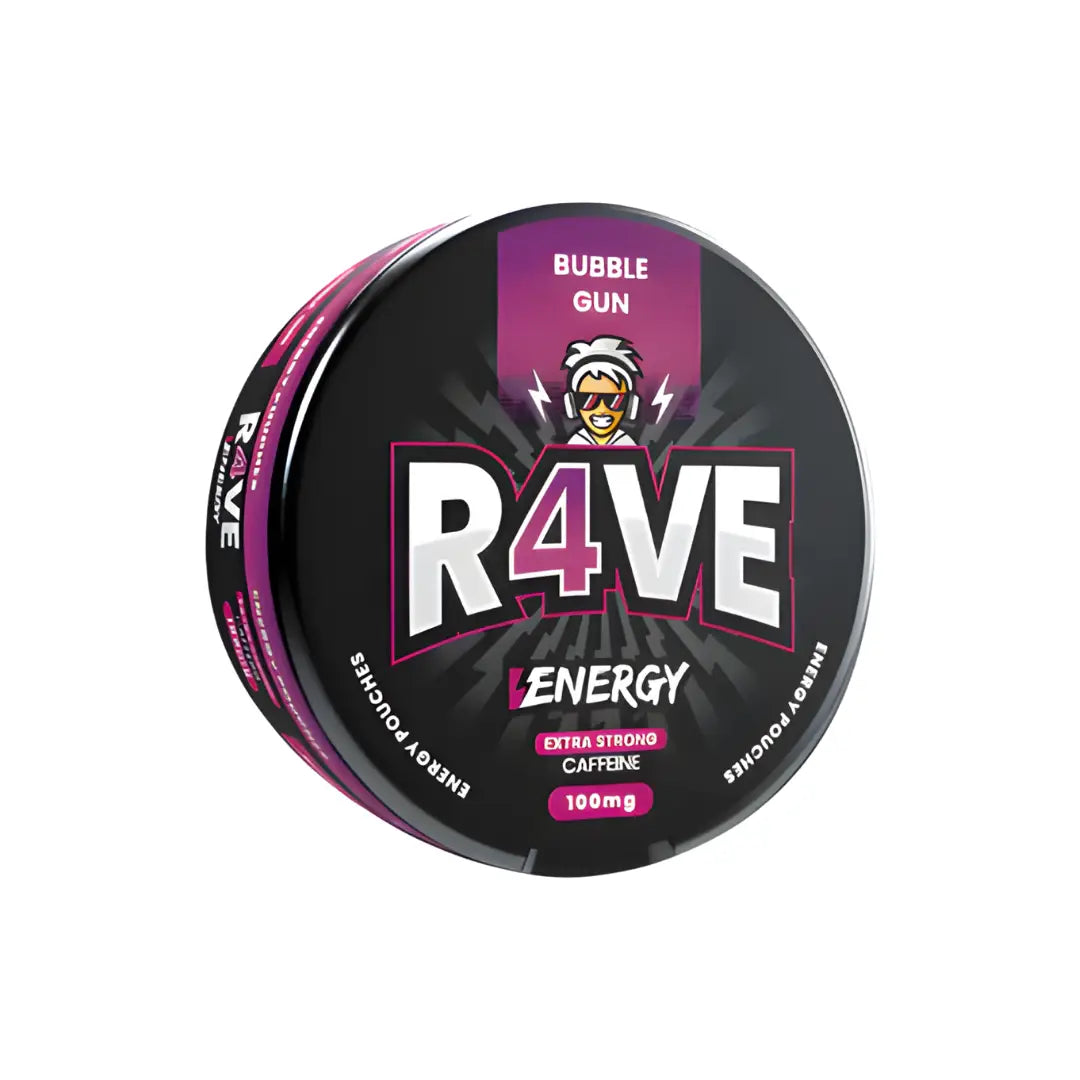 Rave Energy Bubble Gum with caffeine in bright packaging, designed to boost energy and alertness.