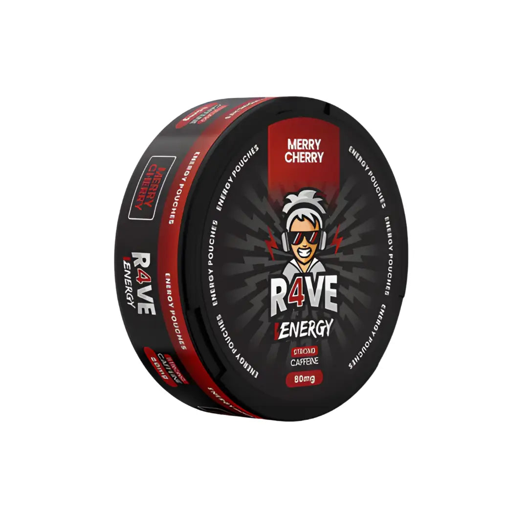 Rave Energy Merry Cherry caffeine supplement in a colorful container with cherry graphics, designed for energy boost.