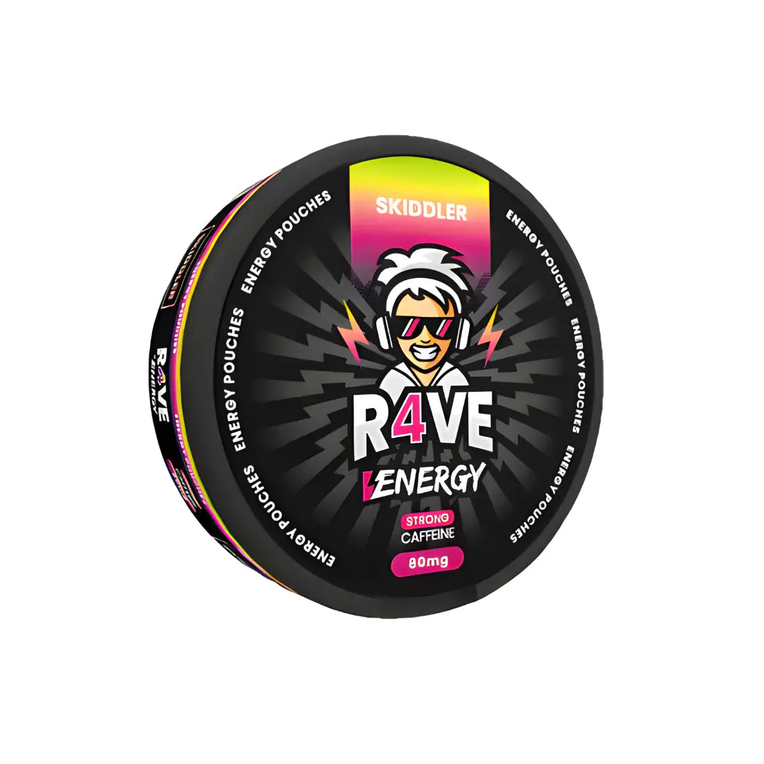 Rave Energy Skiddler caffeine supplement in black packaging with branding, designed for energy boost and alertness.