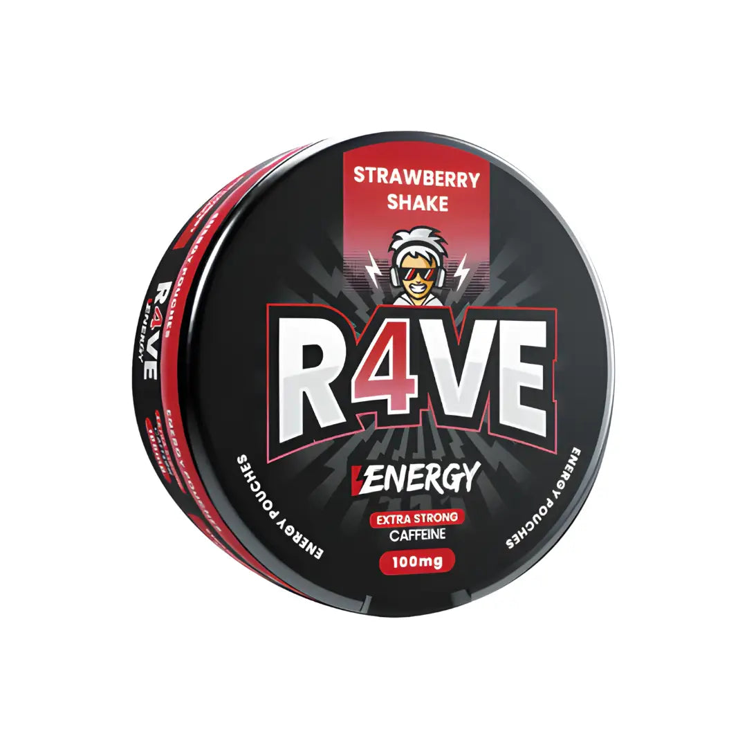 Europesnus.com Rave Energy Strawberry Shake koffein supplement, showing the vibrant strawberry-flavored energy drink can.