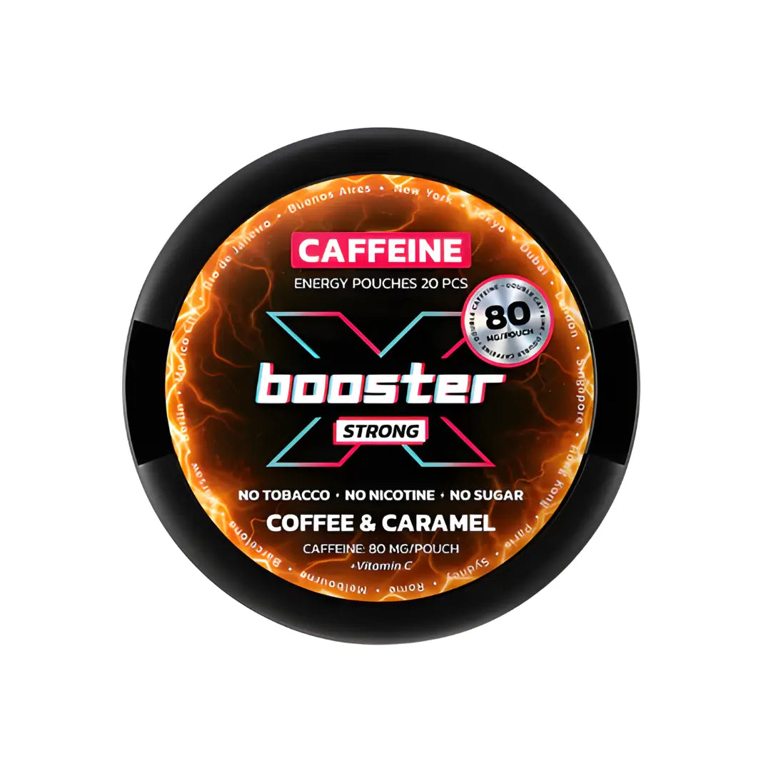 Europesnus.com X Booster Energy Pouches with coffee and caramel flavor, showing the packaging of caffeine energy supplement.