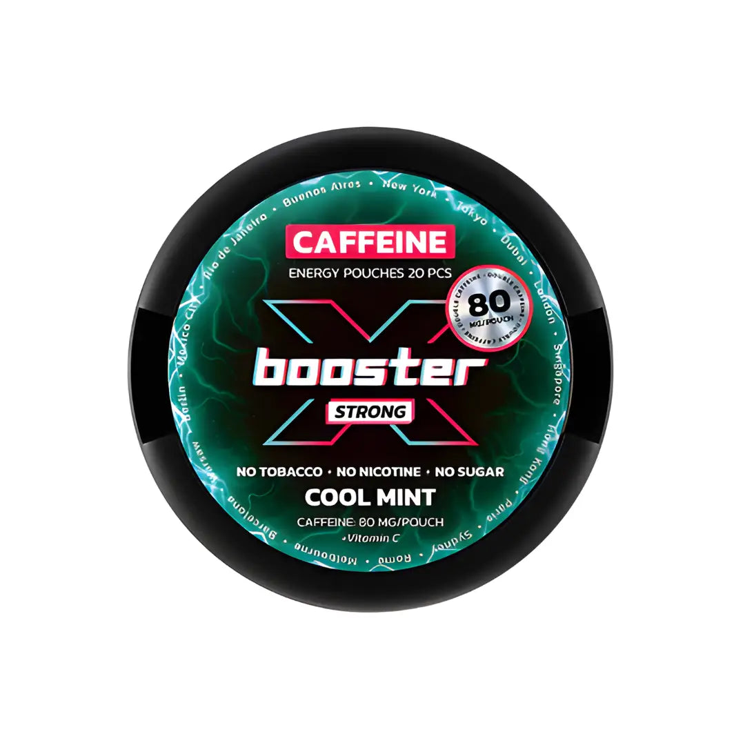 Europesnus.com Booster Energy Pouches in Cool Mint flavor, caffeine supplement with bright packaging and fresh mint design.