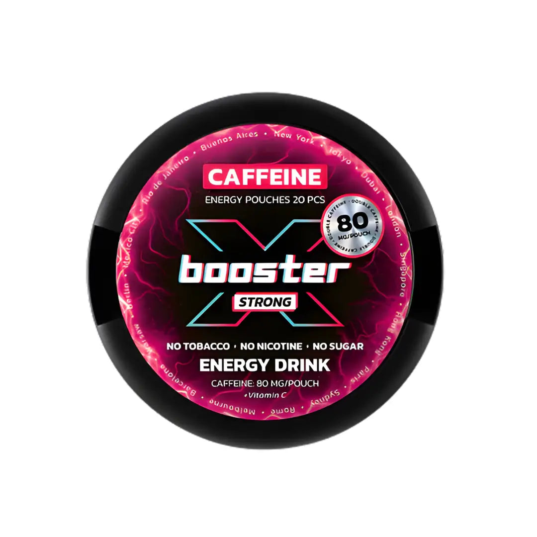 Energy drink booster pouches with caffeine from Europesnus.com, featuring vibrant packaging and a sleek design.