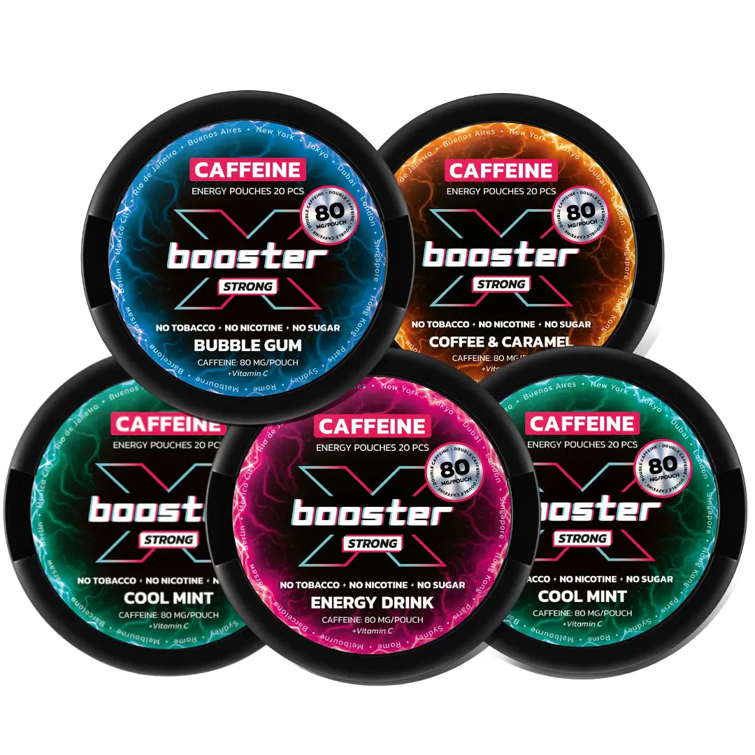 Europesnus.com X-Booster Mixpack caffeine supplement, featuring assorted energy shots and capsules in a colorful package.