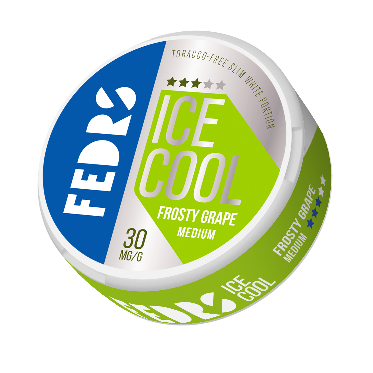 Front view of the ice cool can featuring blue, green, and white colors with a label design and brand logo