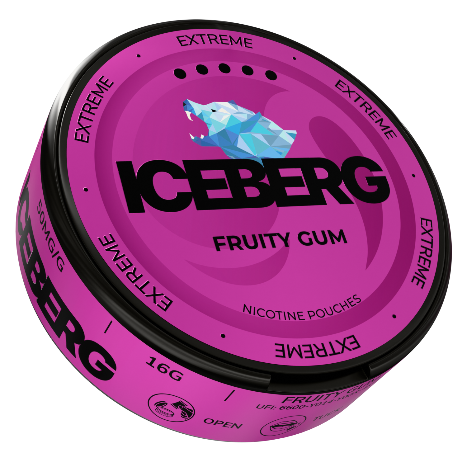 Side view of Iceberg Fruity Gum tin with bold text in pink and black colors.