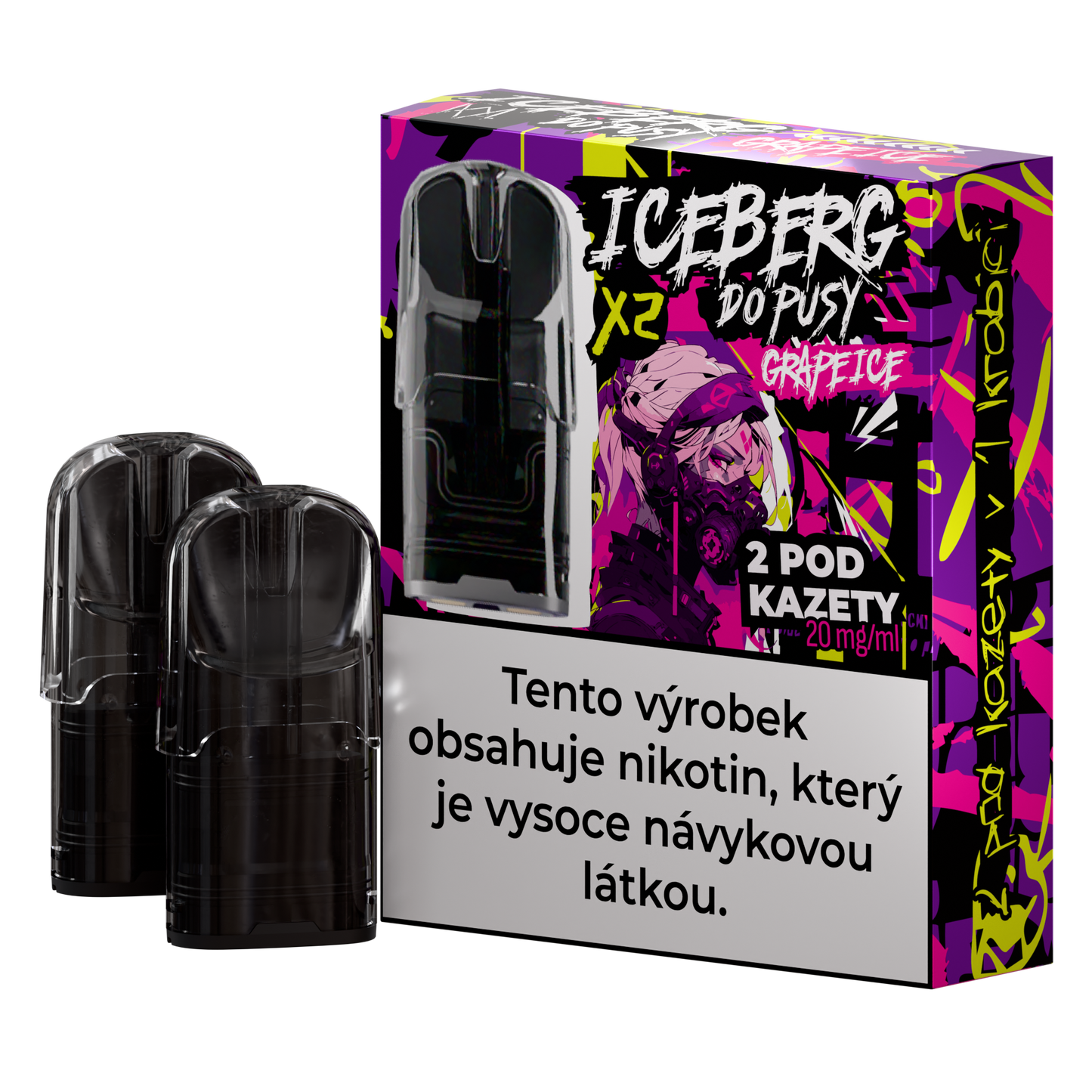Packaging shot of two black vape pens with purple accents and a warning label.