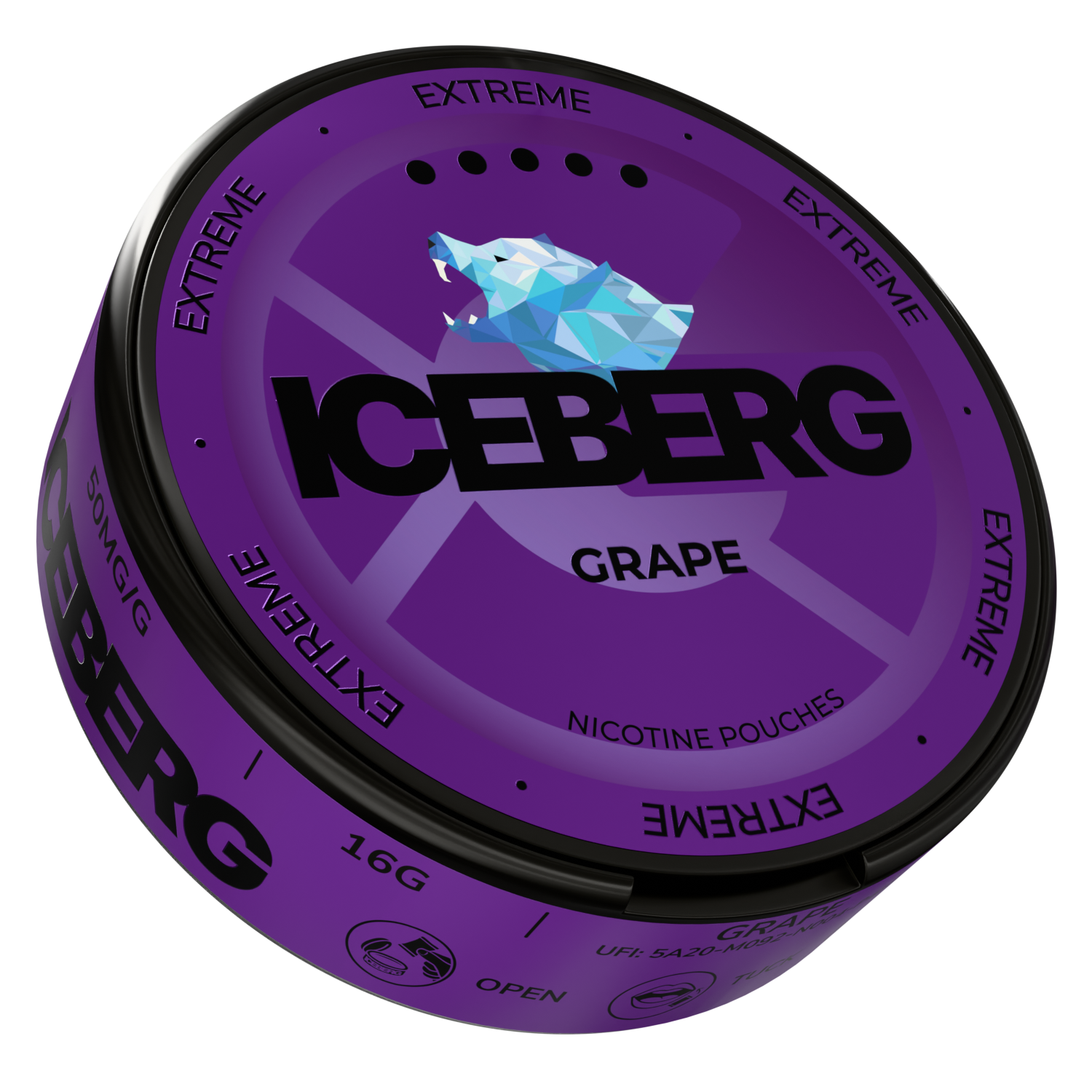 Side view of the Iceberg Grape nicotine pouch container showcasing the round shape and label text on a transparent backgro…