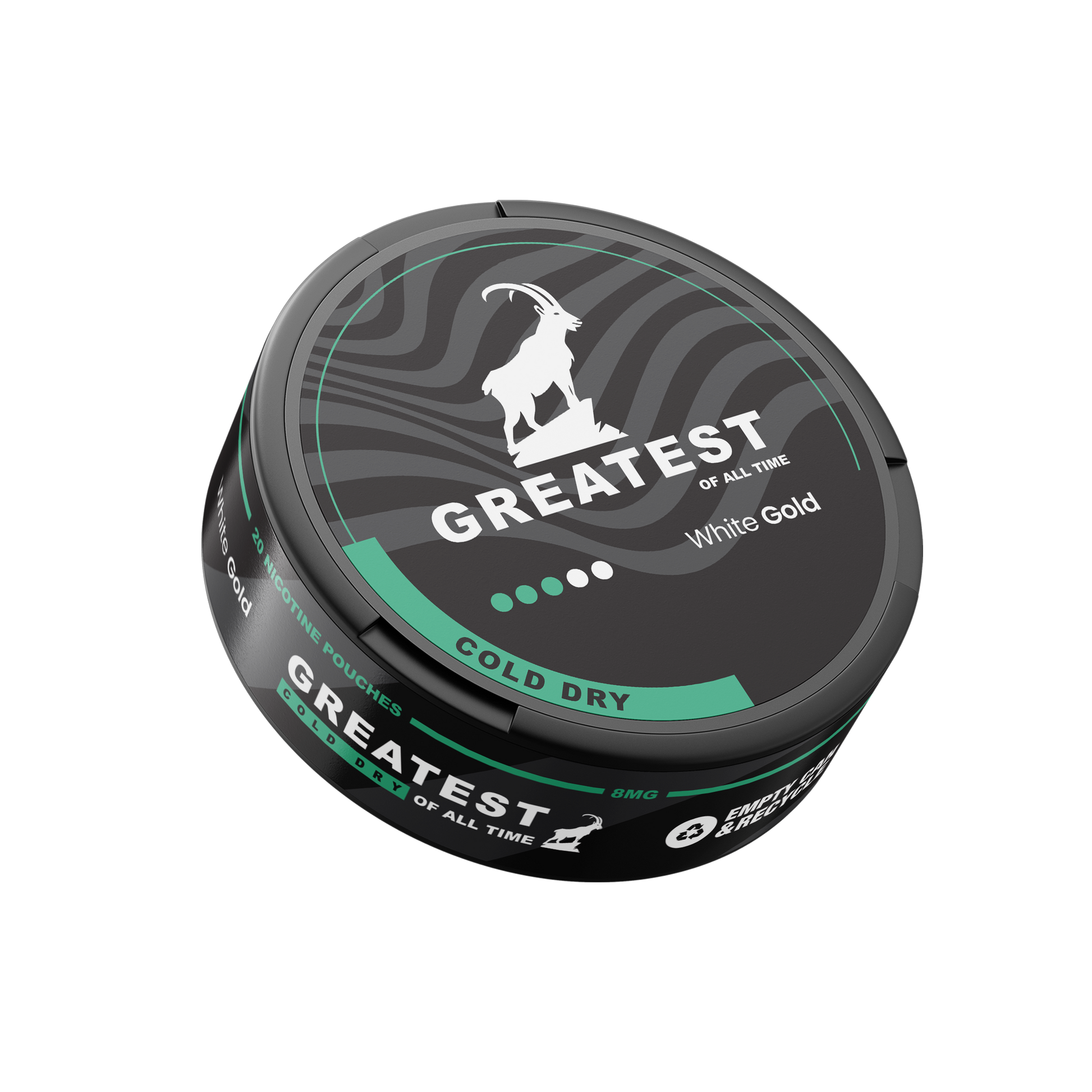 Detail close-up of the circular black and green snus can featuring the brand logo and text label.