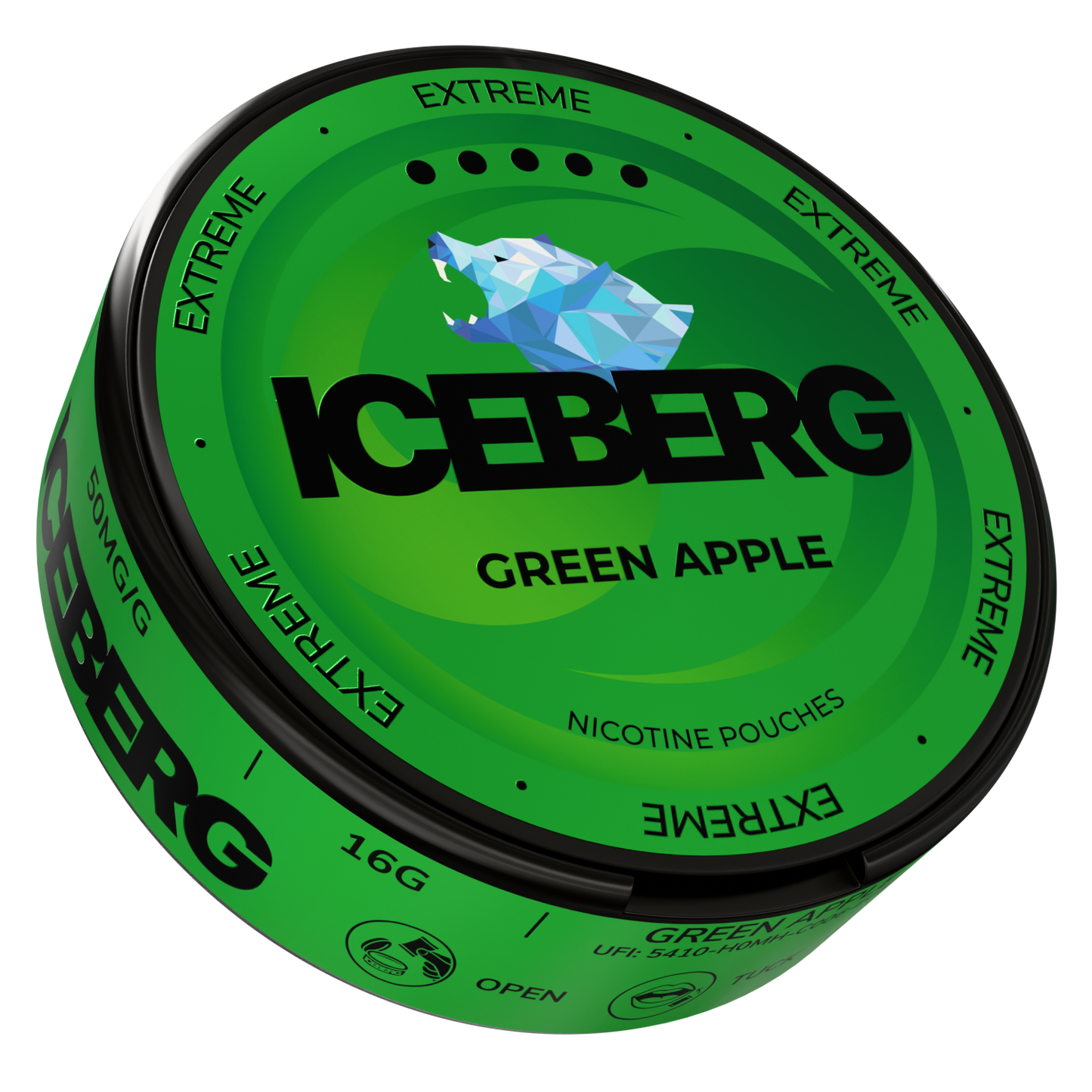 Side view of the green apple tin featuring a shiny finish and label text.