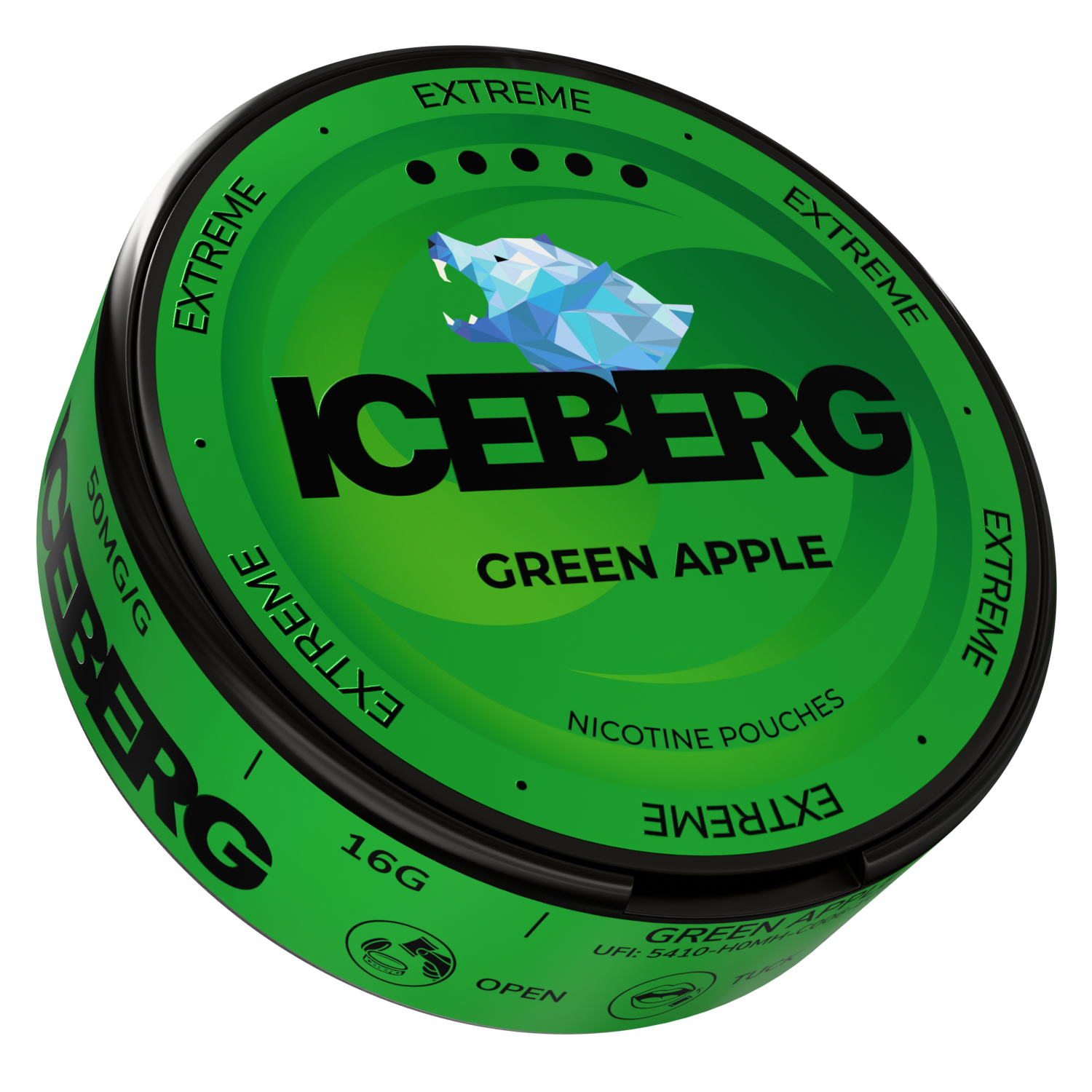 Side view of the green apple tin featuring a shiny finish and label text.