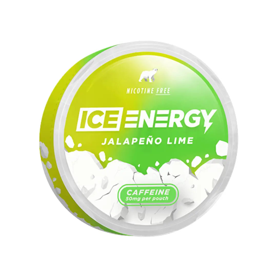 ICE Energy Ice Caffeine Pouch Jalapeno Lime 50mg, showing a close-up of the spicy lime-flavored energy pouch.