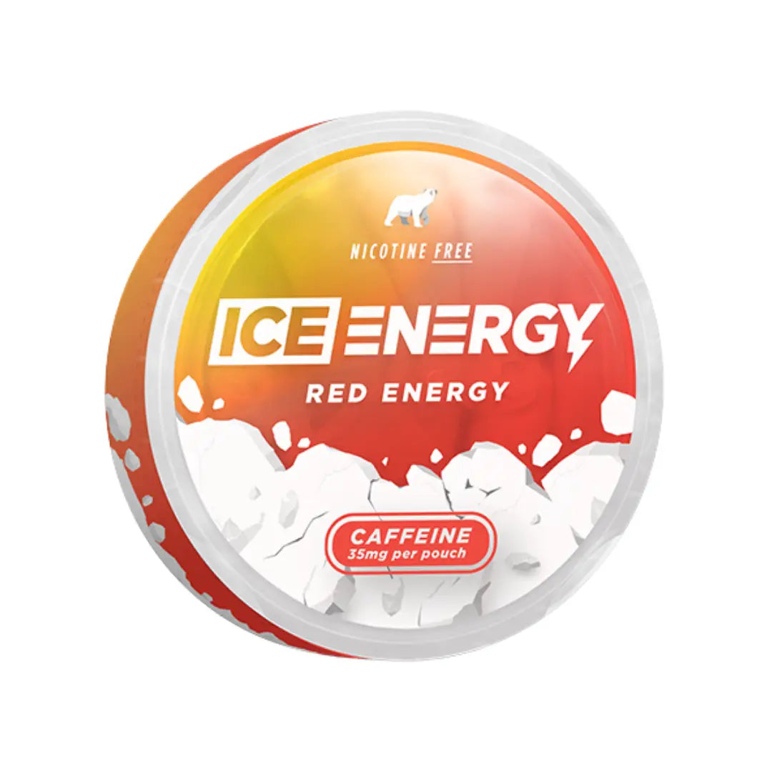 Ice Energy Red Caffeine Pouch with 35mg of caffeine, showing the vibrant red pouch and branding on the packaging.