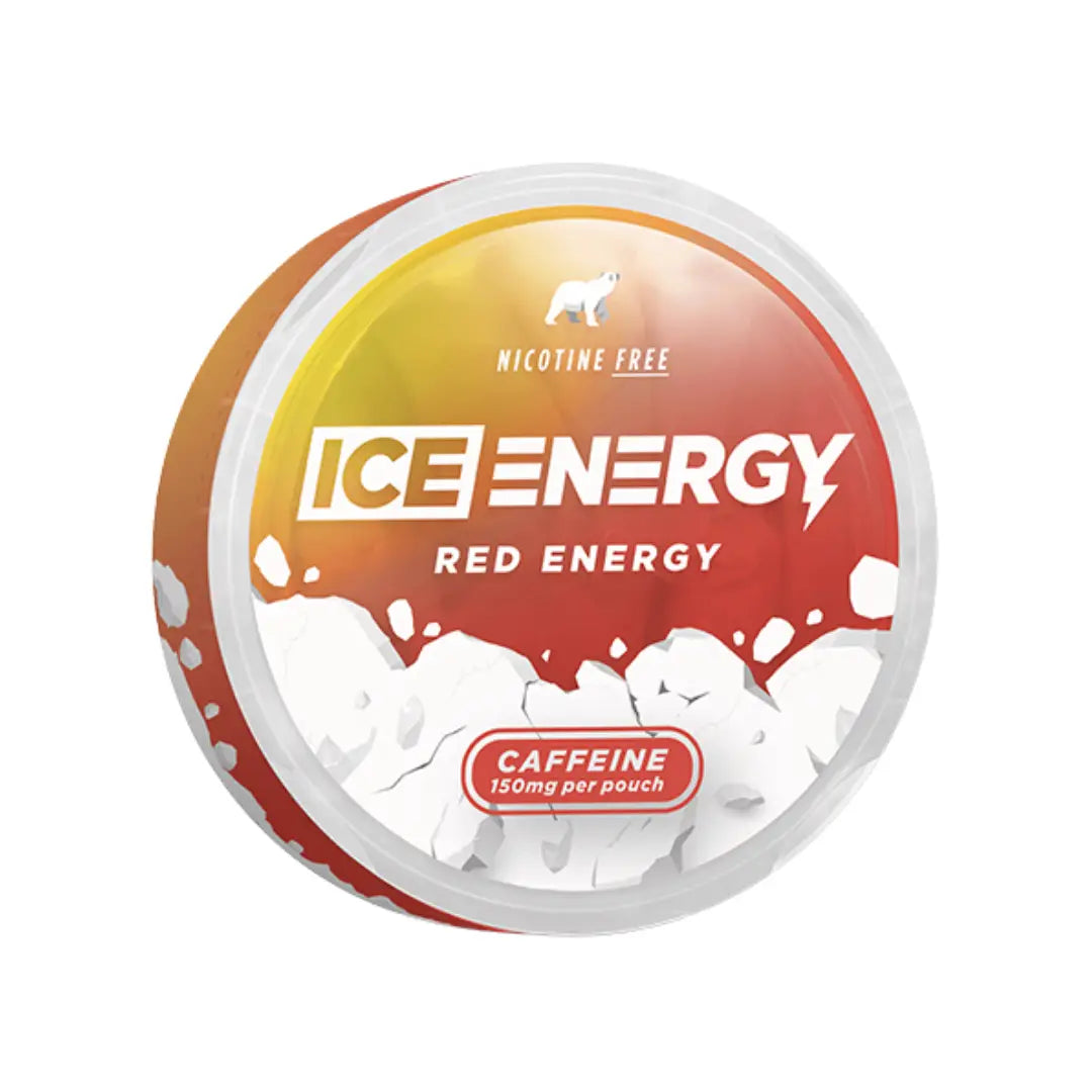 Ice Energy Red Caffeine Pouches with 150mg of caffeine, showing bright red packaging and the pouches inside.