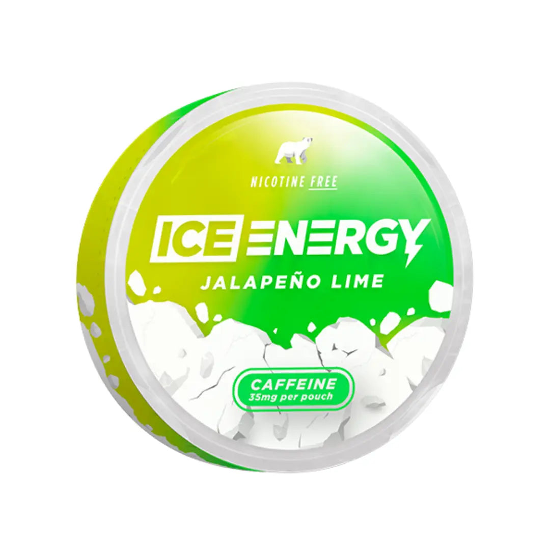Ice Energy Ice Jalapeno Lime caffeine drink with 35mg caffeine, showing a vibrant lime and jalapeno flavor beverage in a sleek can.