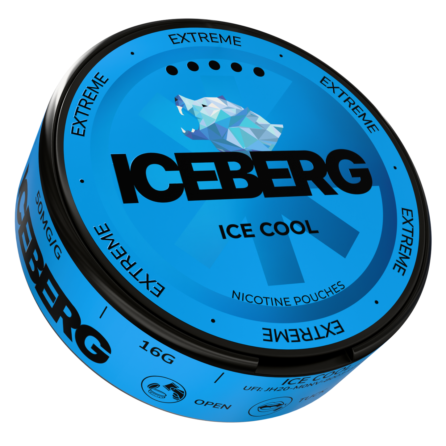 Side view of the Ice Cool container featuring bold text on a blue and black round tin.