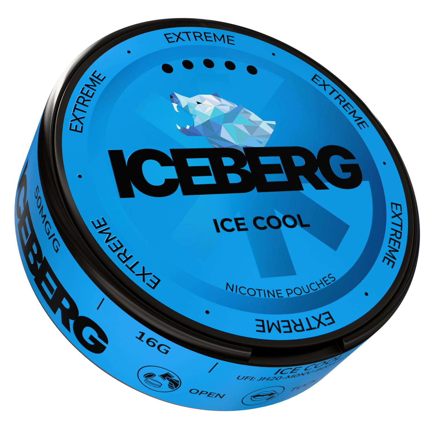 Side view of the Ice Cool container featuring bold text on a blue and black round tin.