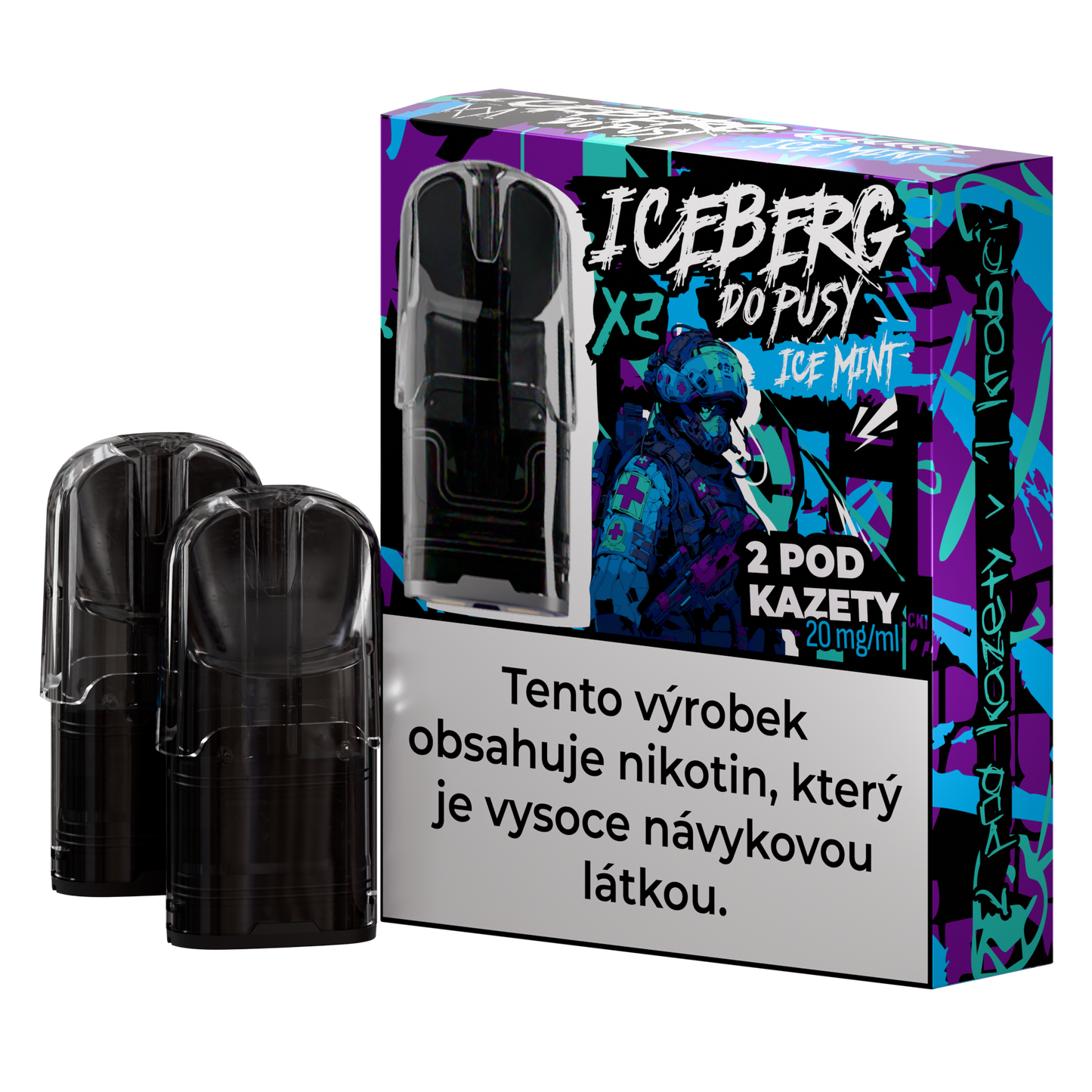Packaging of Iceberg Do Pusy Pod featuring two cartridges in black, purple, and blue colors.