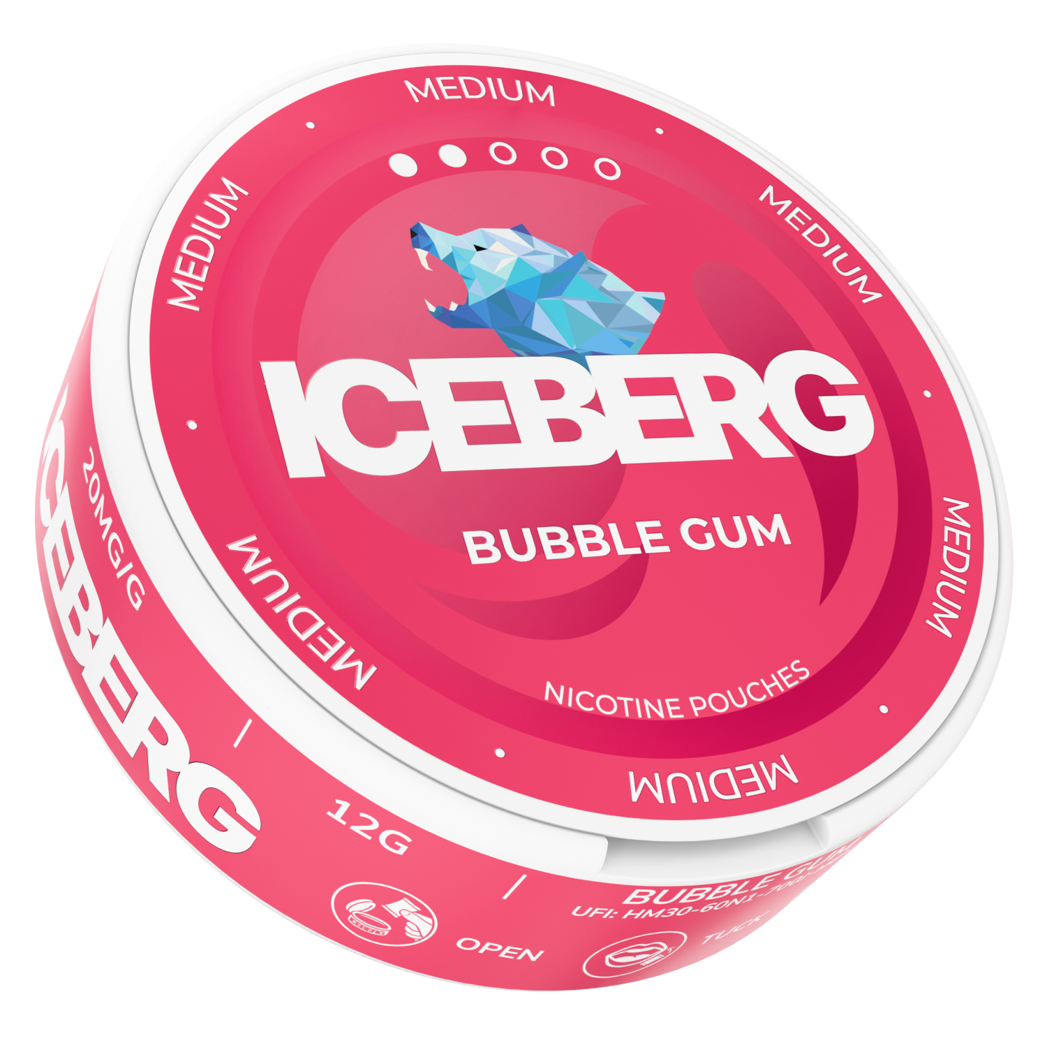 Front view of the pink and white candy container featuring vibrant graphics and bubble gum flavor.