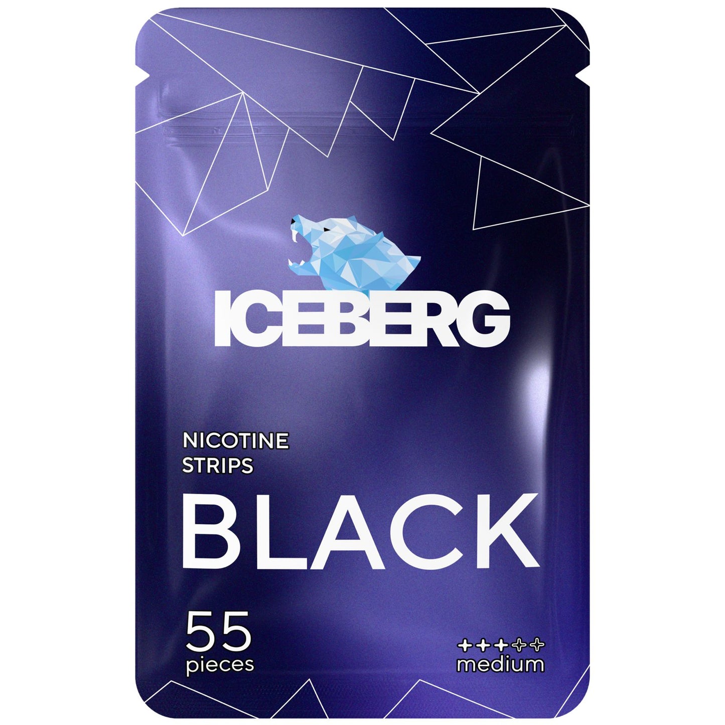 Front view of the Iceberg Black nicotine strips packaging featuring a matte finish and resealable bag