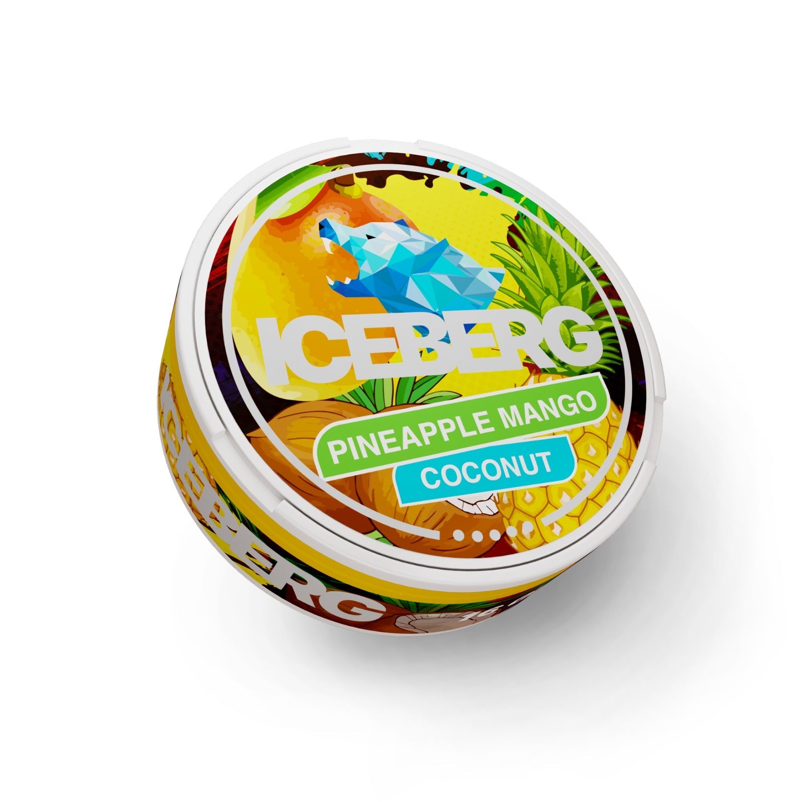 Detail close-up of the colorful Iceberg Pineapple Coconut container featuring tropical design with yellow, green, and blue…
