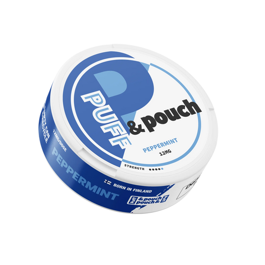 Pack of Puff & Pouch Peppermint mints from Europesnus.com featuring fresh, cooling peppermint candies in a clear pouch.