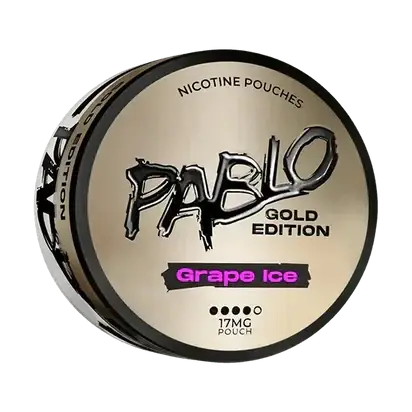 Killasnus.com Pablo Gold Grape Ice caffeine pouch with grape flavor and 21.25mg caffeine content, shown in a sleek pouch.