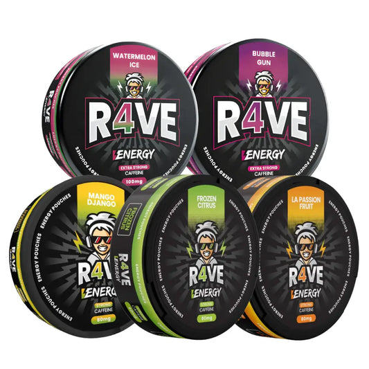 Killasnus.com Rave Energy Mixpack with caffeine, featuring colorful energy drink cans and vibrant packaging.