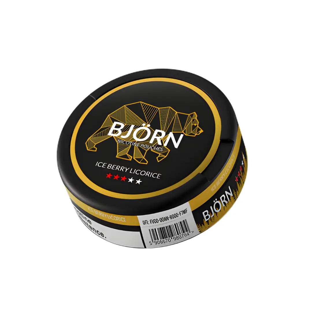 Björn Liquorice Berry Medium nicotine pouches in a resealable pouch with berry and liquorice flavor branding.