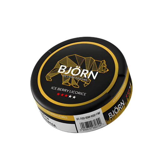 Björn Liquorice Berry Medium nicotine pouches in a resealable pouch with berry and liquorice flavor branding.