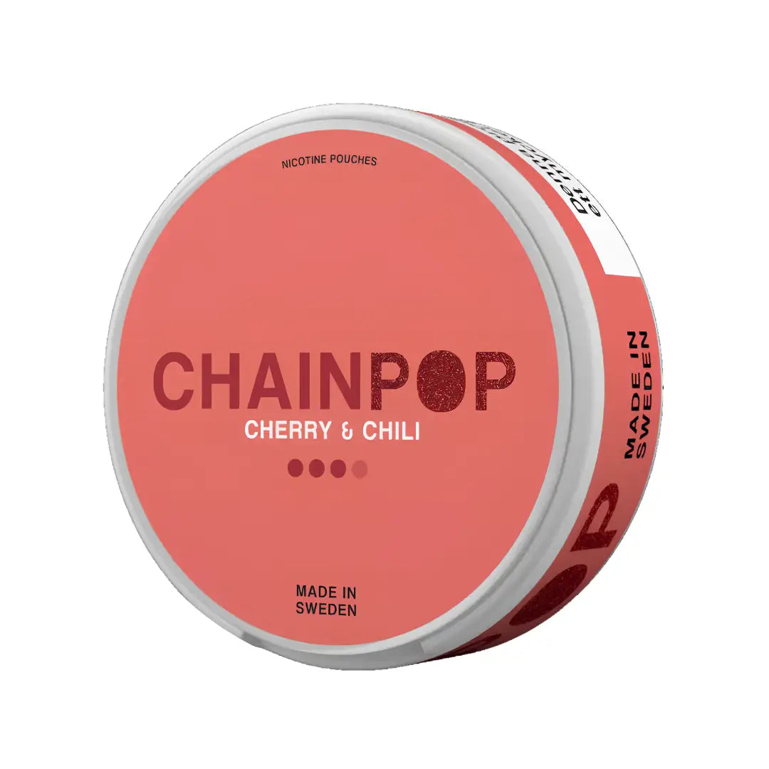 Chainpop Cherry & Chili snus pack from Killasnus.com featuring colorful packaging and the product inside.