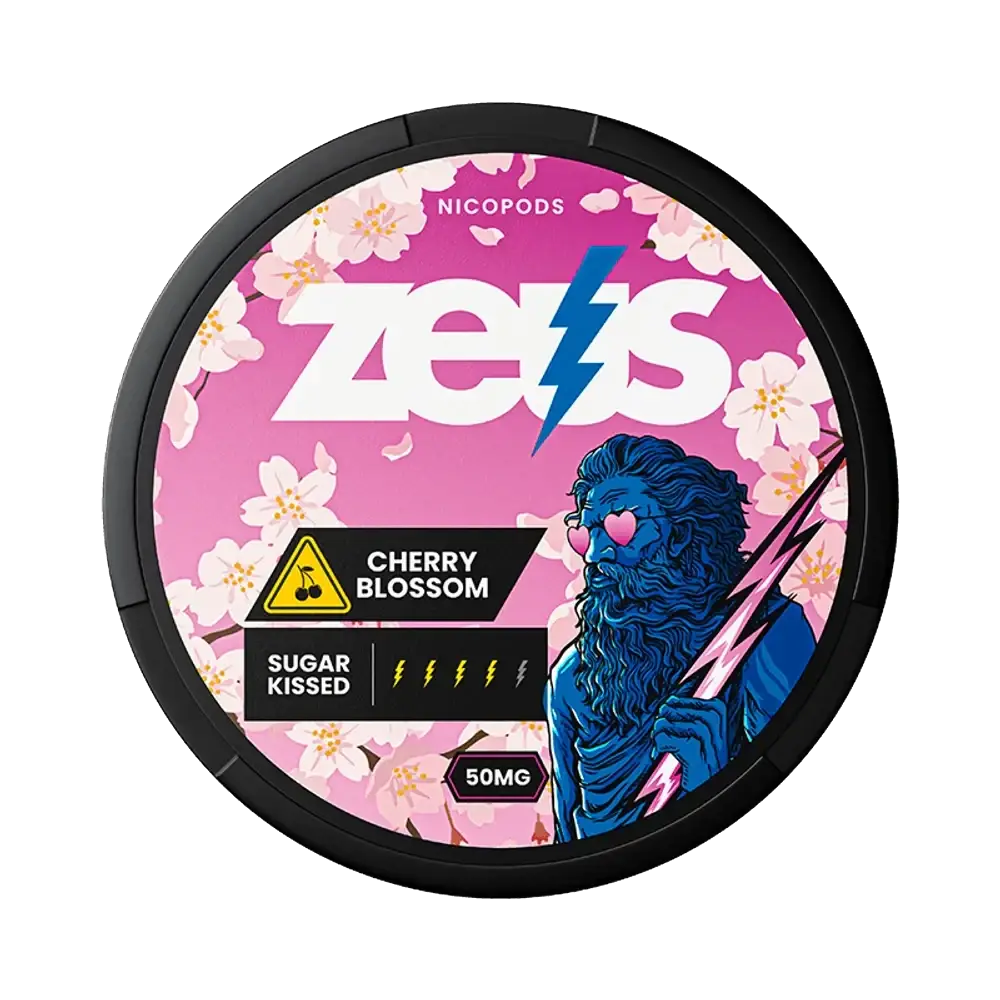 Killa Snus Zeus Cherry Blossom pouch with cherry blossom design, showcasing the product's packaging and branding.
