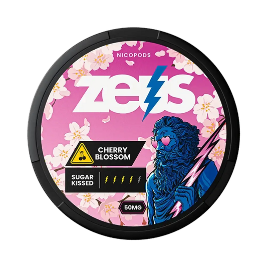 Killa Snus Zeus Cherry Blossom pouch with cherry blossom design, showcasing the product's packaging and branding.